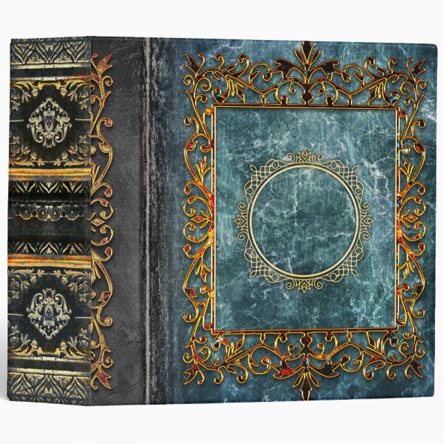 Ornate Bejeweled Celtic Teal Marble Ancient Tome Binder (Front/Spine)