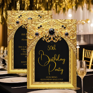 Ornate Birthday Party Black Gold Lace Diamonds Gem Invitation