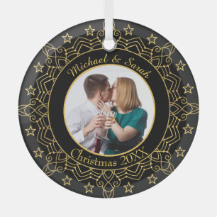 Ornate Black and Gold Frame Custom Photo Glass Ornament