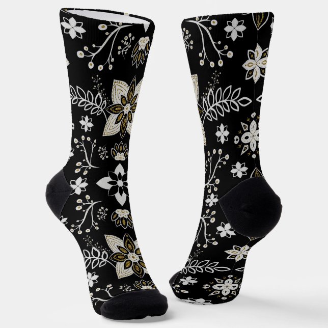 Ornate black and white floral pattern  socks (Angled)