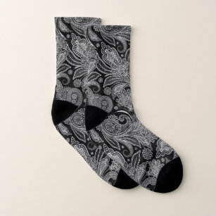 Ornate Black and White Paisley Socks