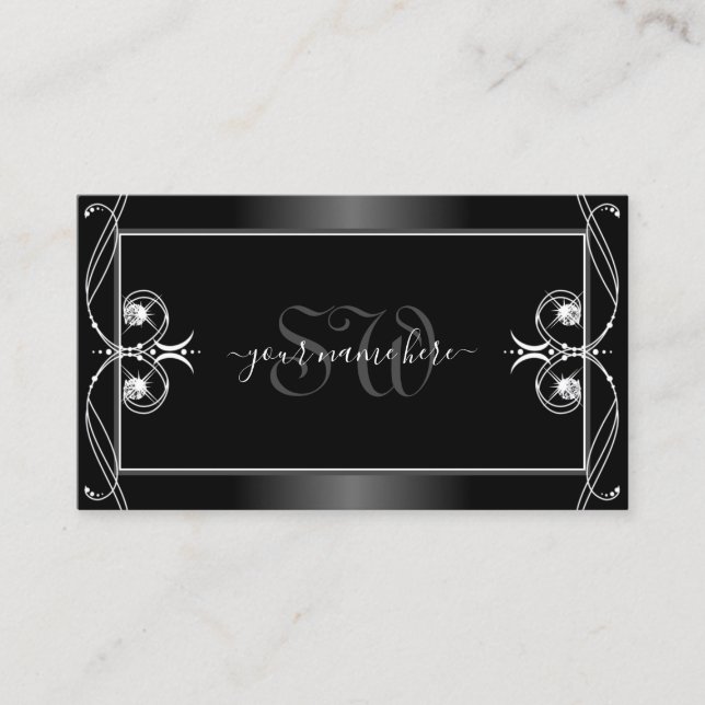 Ornate Black and White Sparkling Diamonds Initials Business Card (Front)