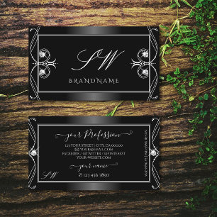 Ornate Black and White Sparkling Diamonds Monogram Business Card