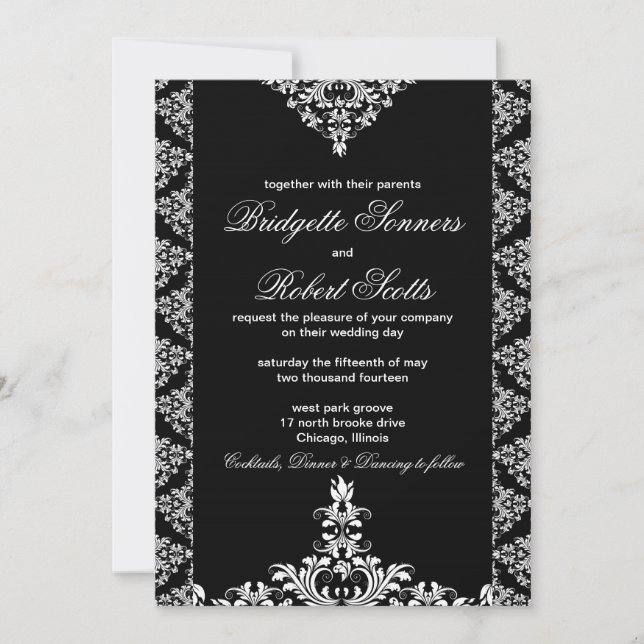 Ornate Black Damask Wedding invitation (Front)