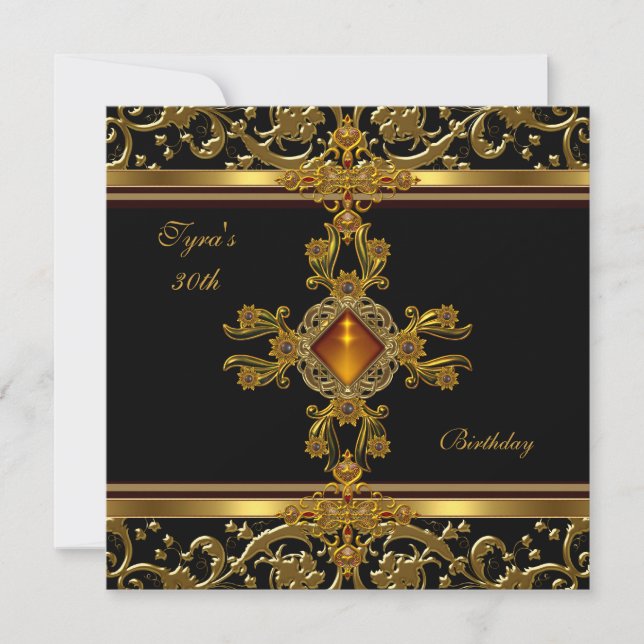 Ornate Black Gold Amber Jewel 30th Birthday Invitation (Front)