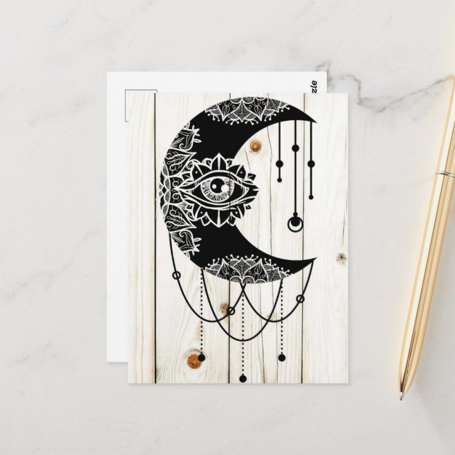 Ornate black moon eye mandala faded wood planks postcard (Front/Back In Situ)