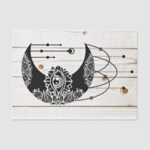 Ornate black moon eye mandala faded wood planks tissue paper