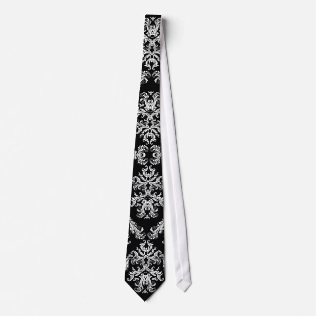 Ornate Black & White Baroque Pattern Tie (Front)