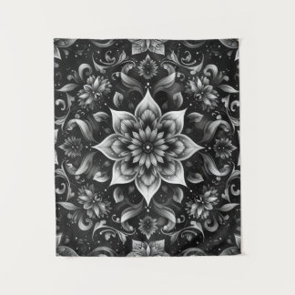 Ornate Black & White Floral Tapestry