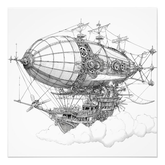 Ornate Black White Steampunk Zeppelin Drawing Photo Print (Front)