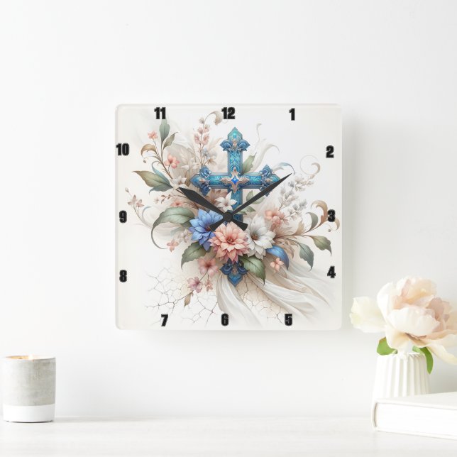 Ornate Blue And Gold Cross Floral Elegance  Square Wall Clock (Home)