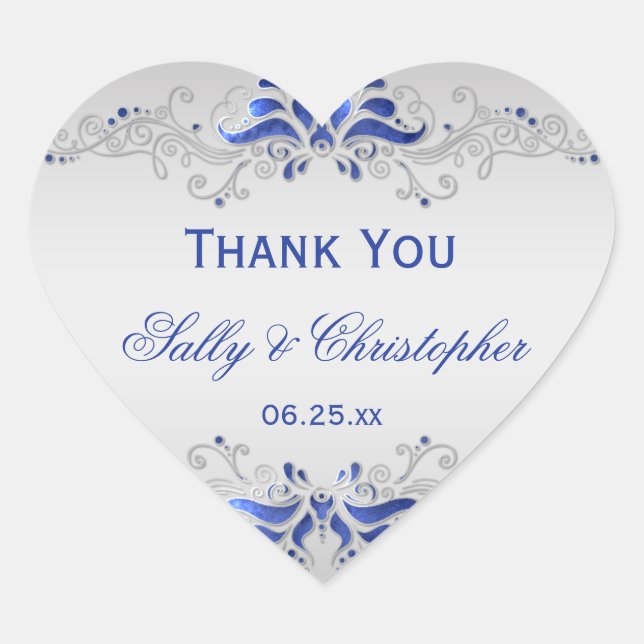 Ornate Blue and Silver Swirls Heart Wedding Favour Heart Sticker (Front)