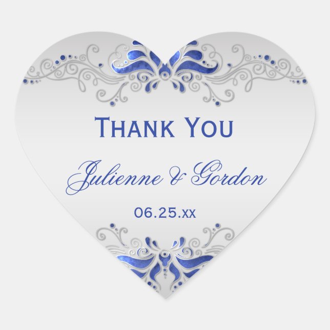 Ornate Blue and Silver Swirls Heart Wedding Favour Heart Sticker (Front)