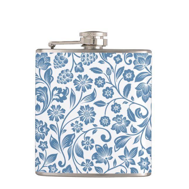 Ornate Blue and White Floral Vines Pattern Hip Flask (Front)