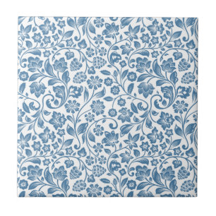 Ornate Blue and White Floral Vines Pattern Tile