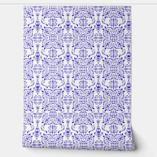 Ornate Blue and White Mediterranean Wallpaper
