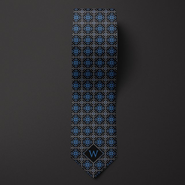 Ornate Blue & Black Arabesque Monogram Tie (Creator Uploaded)