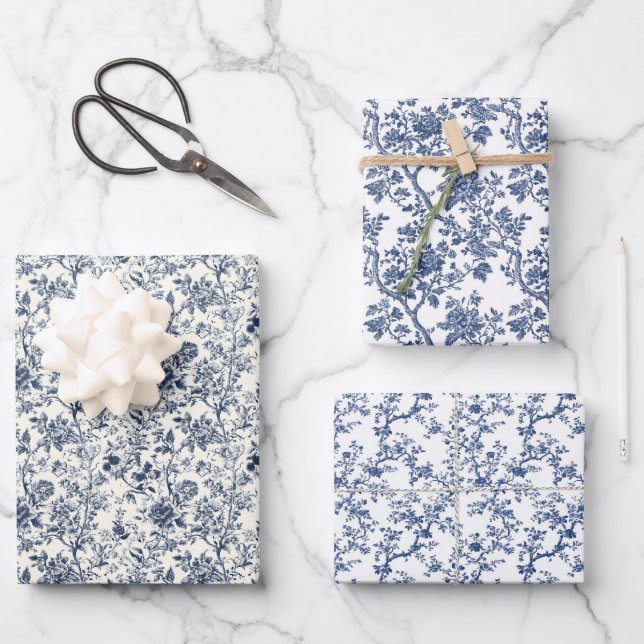 Ornate Blue Botanicals 3 Wrapping Paper Sheet (Front)