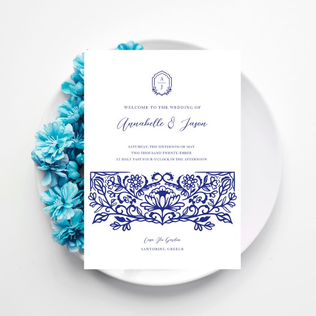 Ornate Blue Decorate Floral Design Greece Wedding  Invitation (Ornate Blue Decorate Floral Design Greece Wedding Invitation)