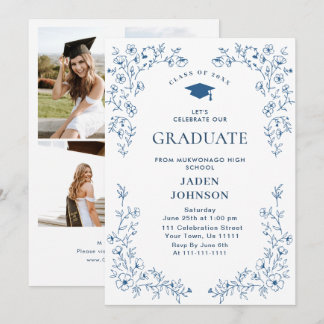Ornate Blue Floral Grace 4 Photo Graduation Party Invitation