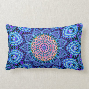 Ornate Blue Flower Vibrations Kaleidoscope Art Lumbar Pillow