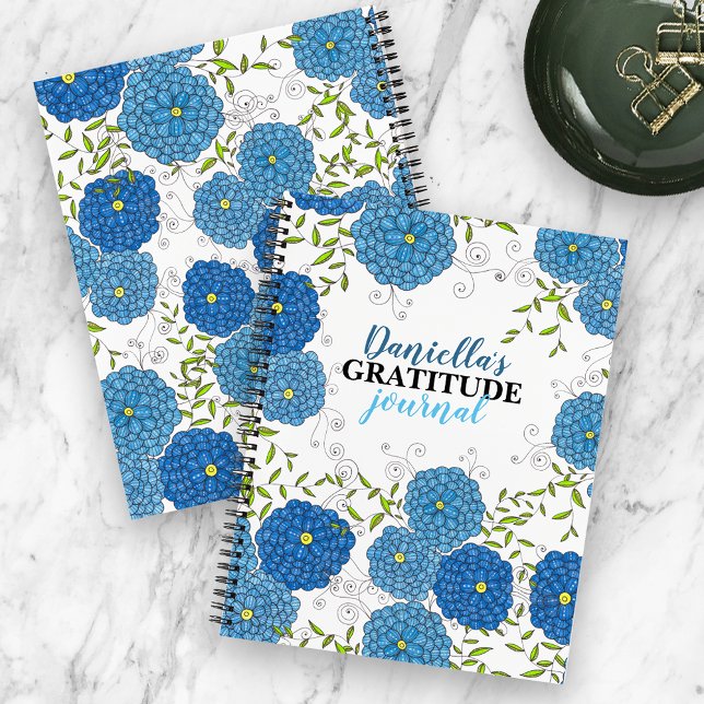 Ornate Blue Flowers and Green Leaves Gratitude Notebook (Creator Uploaded)