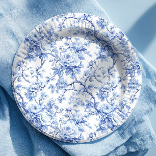 Ornate Blue French Toile Roses Floral Paper Plates