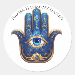 Ornate Blue Hamsa Hand with Evil Eye Symbol Classic Round Sticker