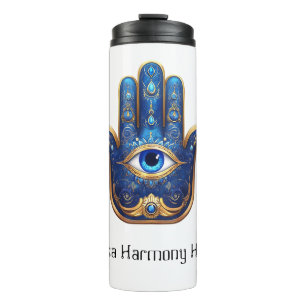 Ornate Blue Hamsa Hand with Evil Eye Symbol Thermal Tumbler