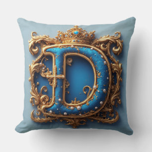 Ornate Blue Letter D Throw Pillow