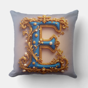 Ornate Blue Letter E Throw Pillow