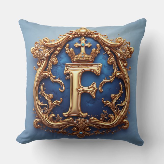 Ornate Blue Letter F Throw Pillow (Front)