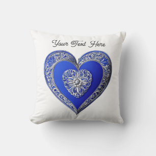 Ornate Blue Love Heart Romantic Custom Text Throw Pillow