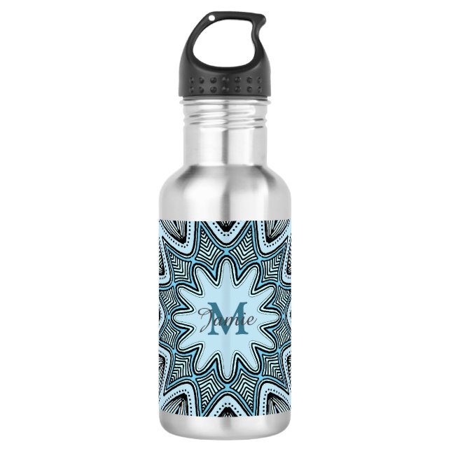 Ornate Blue Monogram Mandala Personalised 532 Ml Water Bottle (Front)