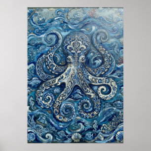 Ornate Blue Octopus Nautical Swirl Art Poster