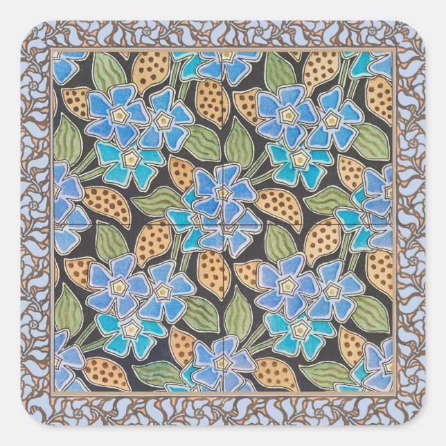 Ornate Blue Periwinkle Floral Classic Art Nouveau Square Sticker (Front)