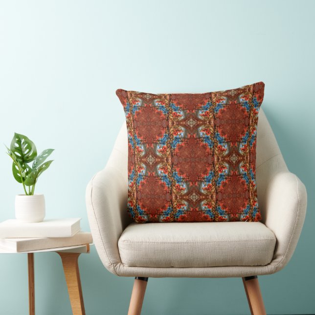 Ornate Blue Red Brown Tile Throw Pillow (Chair)