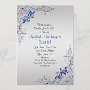 Ornate Blue Silver Swirls on Silver Sweet 16 Invitation