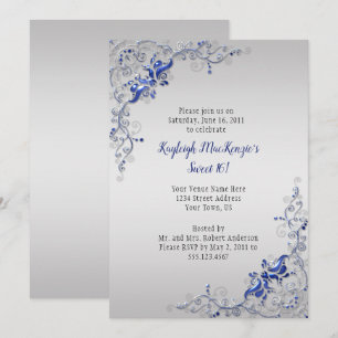 Ornate Blue Silver Swirls on Silver Sweet 16 Invitation