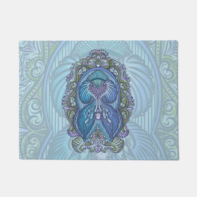 Ornate Blue & Teal Mandala Design Doormat (Front)