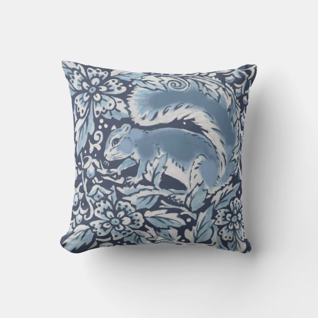 Ornate Blue White Forest Squirrel Floral Woodland Throw Pillow (Front)