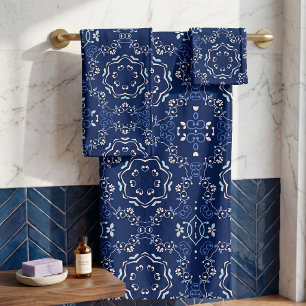 Ornate Blue White Mediterranean Azulejo Pattern Bath Towel Set