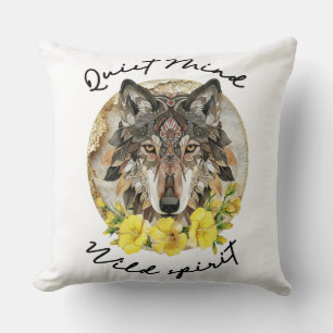 Ornate Boho Wolf with Yellow Flowers Throw Pillow