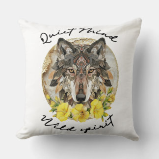 Ornate Boho Wolf with Yellow Flowers Throw Pillow