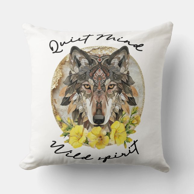 Ornate Boho Wolf with Yellow Flowers Throw Pillow (Front)