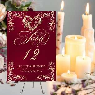 Ornate Border & Heart - Burgundy Table Number