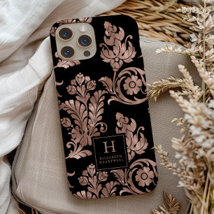 Ornate Botanical Pattern Monogram Rose Gold Black Case-Mate iPhone 14 Case