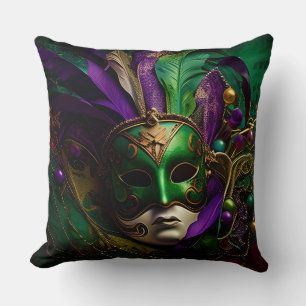 ORNATE BRIGHTLY COLORED MARDI GRAS MASK THROW PILLOW
