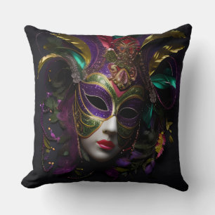 ORNATE BRIGHTLY COLORED MARDI GRAS MASK THROW PILLOW