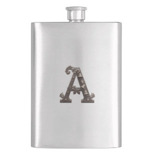 Ornate Bronze Letter A with Bells Hip Flask